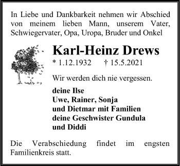Traueranzeige von Karl-Heinz Drews von Ostsee-Zeitung GmbH