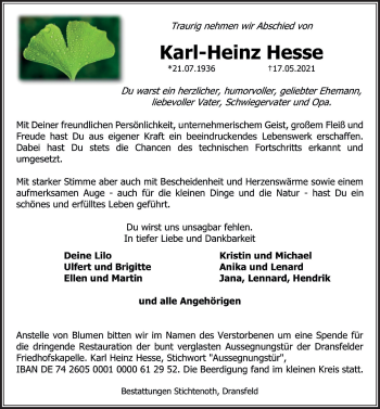 Traueranzeige von Karl-Heinz Hesse von Göttinger Tageblatt