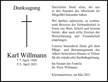 Traueranzeige von Karl Willmann von Märkischen Allgemeine Zeitung