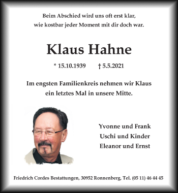Traueranzeige von Klaus Hahne von Hannoversche Allgemeine Zeitung/Neue Presse