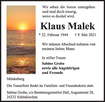 Traueranzeige von Klaus Malek von Kieler Nachrichten