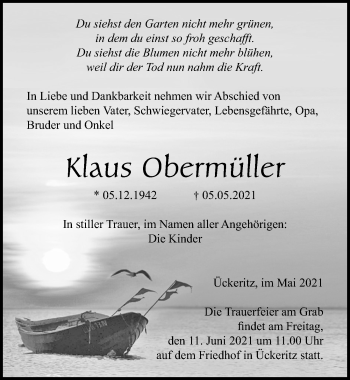 Traueranzeige von Klaus Obermüller von Ostsee-Zeitung GmbH