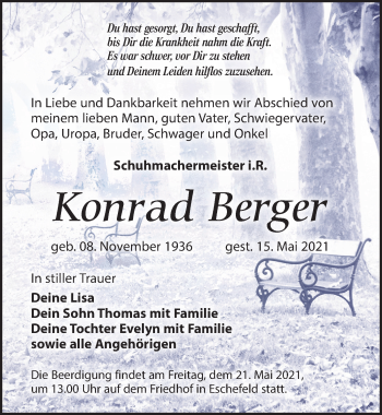 Traueranzeige von Konrad Berger von Leipziger Volkszeitung