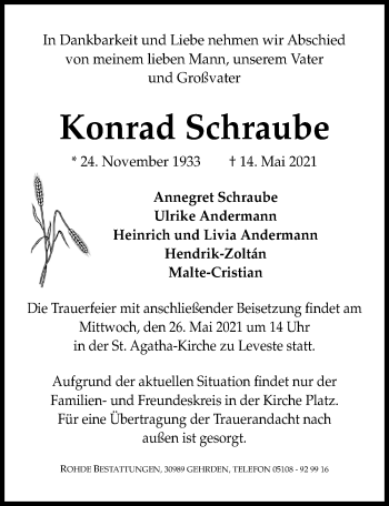 Traueranzeige von Konrad Schraube von Hannoversche Allgemeine Zeitung/Neue Presse