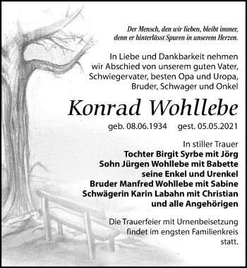 Traueranzeige von Konrad Wohllebe von Leipziger Volkszeitung