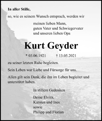 Traueranzeige von Kurt Geyder von Ostsee-Zeitung GmbH