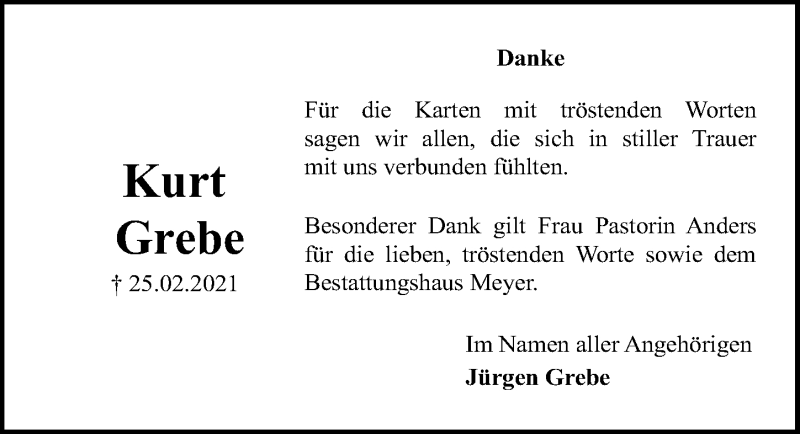  Traueranzeige für Kurt Grebe vom 15.05.2021 aus Aller Zeitung