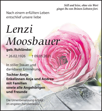Traueranzeige von Lenzi Moosbauer von Leipziger Volkszeitung