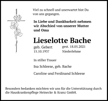 Traueranzeige von Lieselotte Bache von Märkischen Allgemeine Zeitung