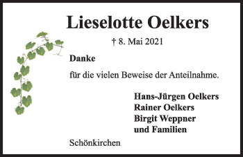 Traueranzeige von Lieselotte Oelkers von Kieler Nachrichten