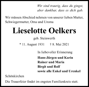 Traueranzeige von Lieselotte Oelkers von Kieler Nachrichten