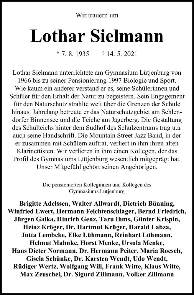  Traueranzeige für Lothar Sielmann vom 22.05.2021 aus Kieler Nachrichten