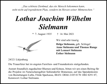Traueranzeige von Lothar Joachim Wilhelm Sielmann von Kieler Nachrichten