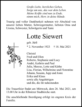 Traueranzeige von Lotte Siewert von Ostsee-Zeitung GmbH