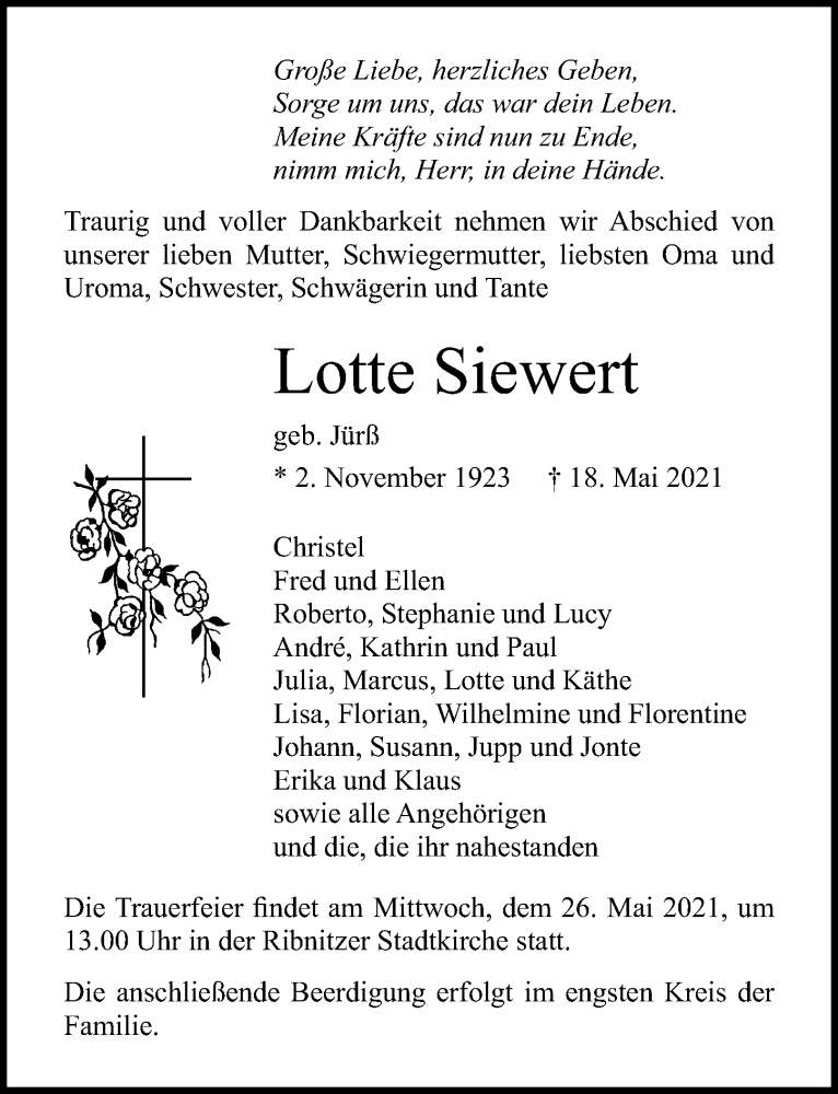  Traueranzeige für Lotte Siewert vom 22.05.2021 aus Ostsee-Zeitung GmbH