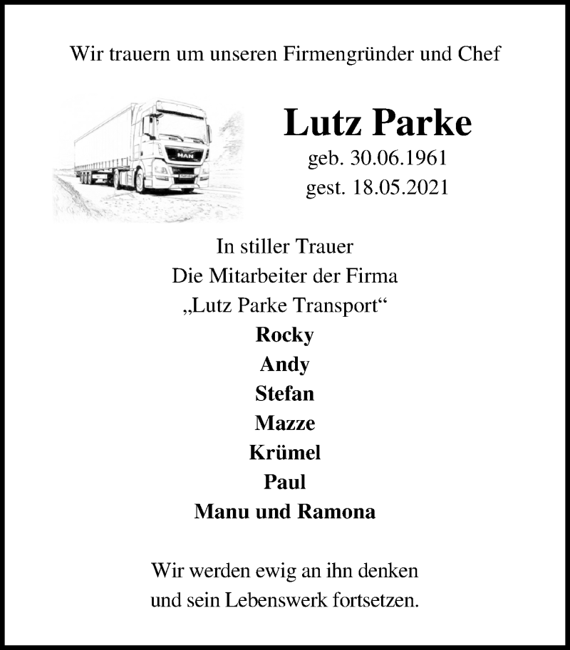  Traueranzeige für Lutz Parke vom 29.05.2021 aus Märkischen Allgemeine Zeitung