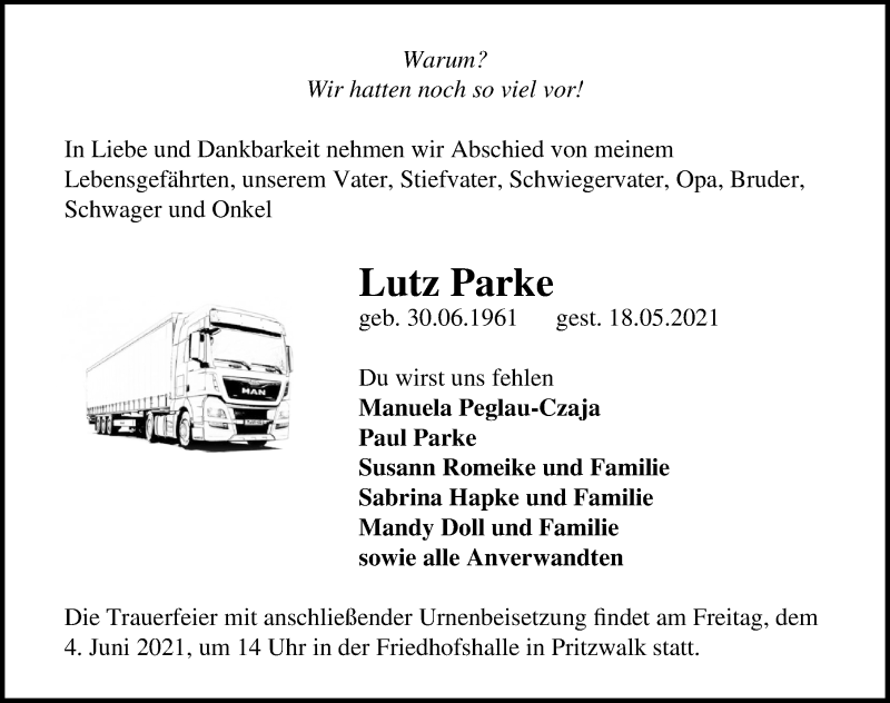  Traueranzeige für Lutz Parke vom 22.05.2021 aus Märkischen Allgemeine Zeitung