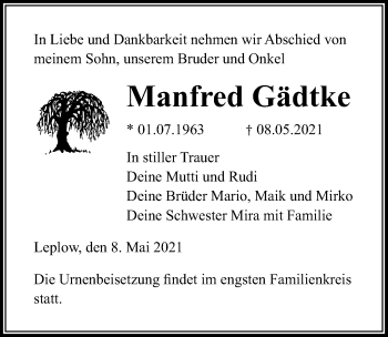 Traueranzeige von Manfred Gädtke von Ostsee-Zeitung GmbH