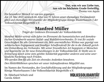 Traueranzeige von Manfred Müller von Märkischen Allgemeine Zeitung