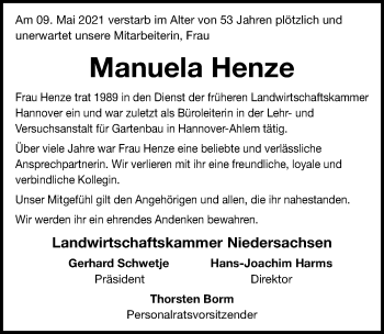 Traueranzeige von Manuela Henze von Hannoversche Allgemeine Zeitung/Neue Presse