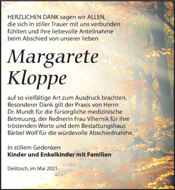 Traueranzeige von Margarete Kloppe von Leipziger Volkszeitung