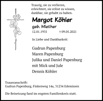 Traueranzeige von Margot Köhler von Peiner Allgemeine Zeitung