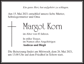 Traueranzeige von Margot Korn von Märkischen Allgemeine Zeitung