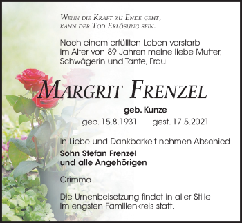 Traueranzeige von Margrit Frenzel von Leipziger Volkszeitung