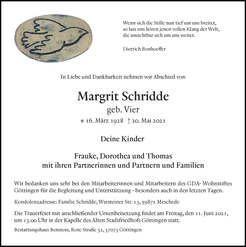  Traueranzeige für Margrit Schridde vom 29.05.2021 aus Göttinger Tageblatt