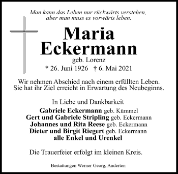 Traueranzeige von Maria Eckermann von Hannoversche Allgemeine Zeitung/Neue Presse