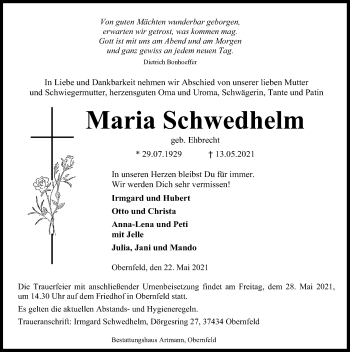 Traueranzeige von Maria Schwedhelm von Eichsfelder Tageblatt