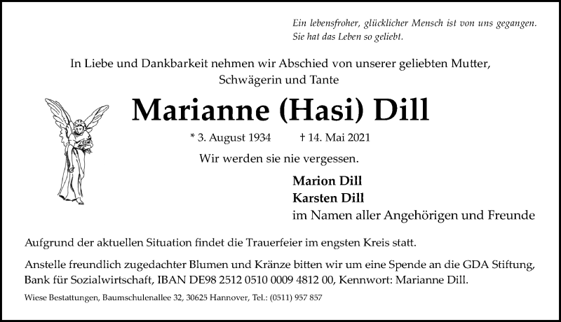  Traueranzeige für Marianne Dill vom 22.05.2021 aus Hannoversche Allgemeine Zeitung/Neue Presse