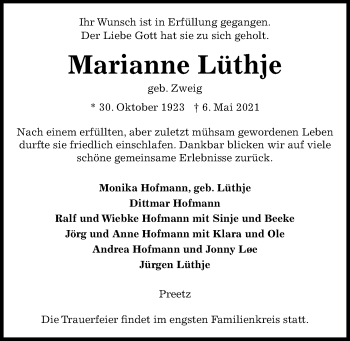 Traueranzeige von Marianne Lüthje von Kieler Nachrichten