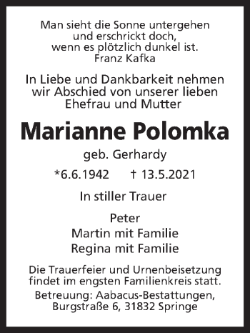 Traueranzeige von Marianne Polomka von Hannoversche Allgemeine Zeitung/Neue Presse