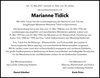 Traueranzeige von Marianne Tidick von Kieler Nachrichten
