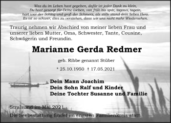Traueranzeige von Marianne Gerda Redmer von Ostsee-Zeitung GmbH