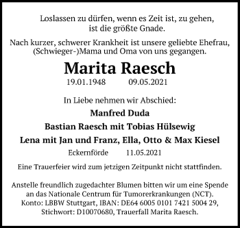 Traueranzeige von Marita Raesch von Kieler Nachrichten