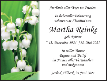 Traueranzeige von Martha Reinke von Ostsee-Zeitung GmbH