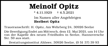Traueranzeige von Meinolf Opitz von Hannoversche Allgemeine Zeitung/Neue Presse
