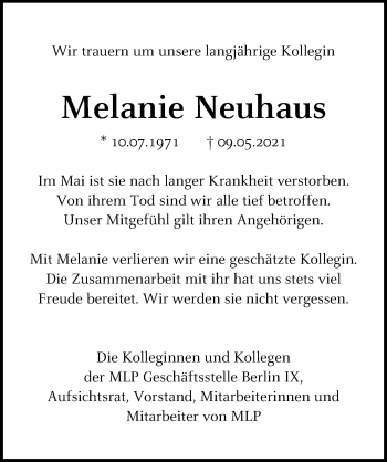 Traueranzeige von Melanie Neuhaus von Märkischen Allgemeine Zeitung