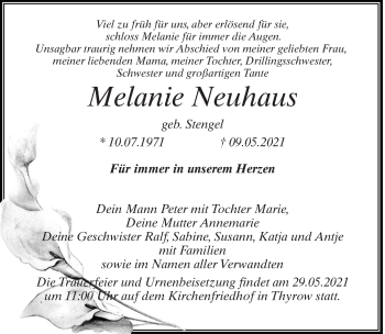 Traueranzeige von Melanie Neuhaus von Märkischen Allgemeine Zeitung