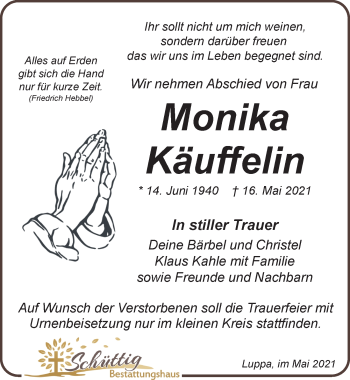 Traueranzeige von Monika Käuffelin von Leipziger Volkszeitung