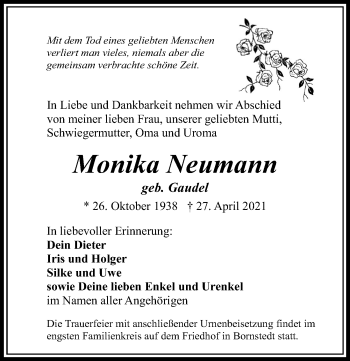 Traueranzeige von Monika Neumann von Märkischen Allgemeine Zeitung