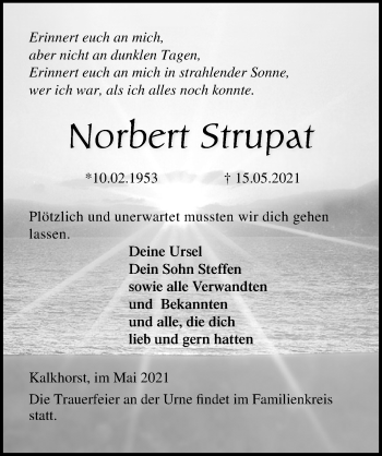 Traueranzeige von Norbert Strupat von Ostsee-Zeitung GmbH