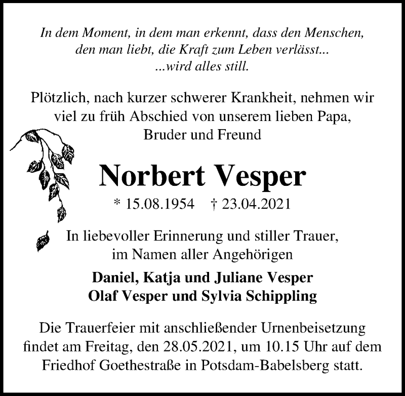  Traueranzeige für Norbert Vesper vom 22.05.2021 aus Märkischen Allgemeine Zeitung