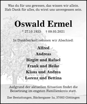 Traueranzeige von Oswald Ermel von Göttinger Tageblatt