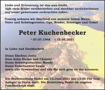 Traueranzeige von Peter Kuchenbecker von Ostsee-Zeitung GmbH
