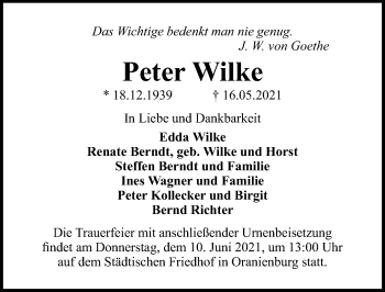 Traueranzeige von Peter Wilke von Märkischen Allgemeine Zeitung
