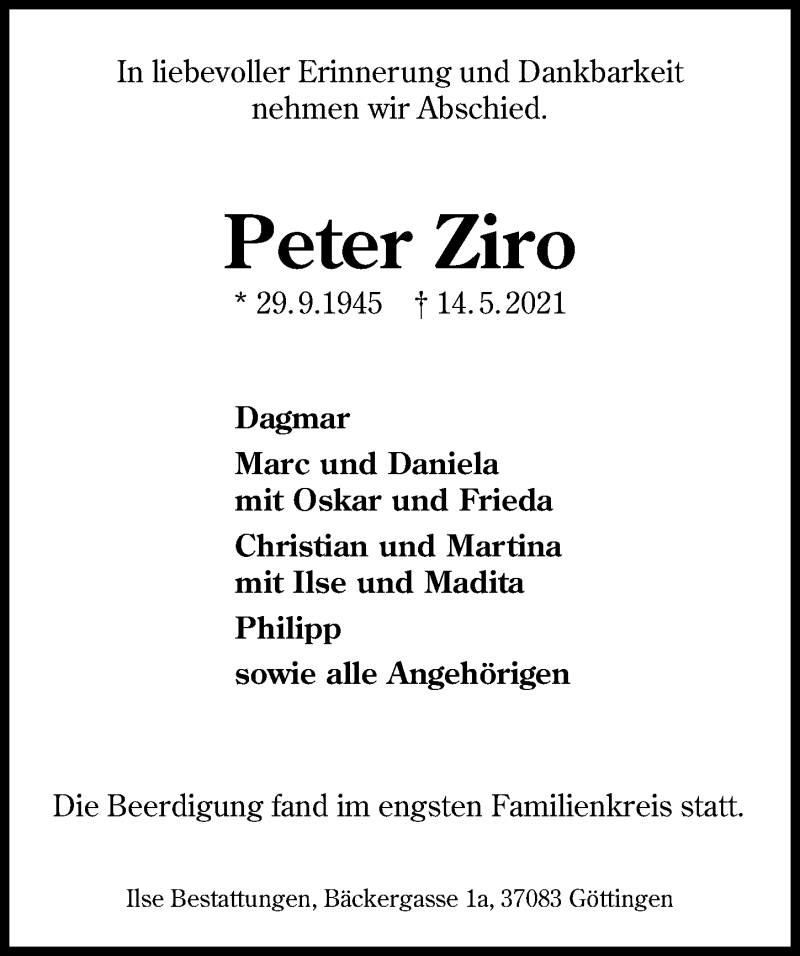  Traueranzeige für Peter Ziro vom 22.05.2021 aus Göttinger Tageblatt