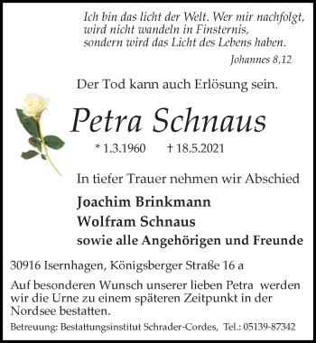 Traueranzeige von Petra Schnaus von Hannoversche Allgemeine Zeitung/Neue Presse